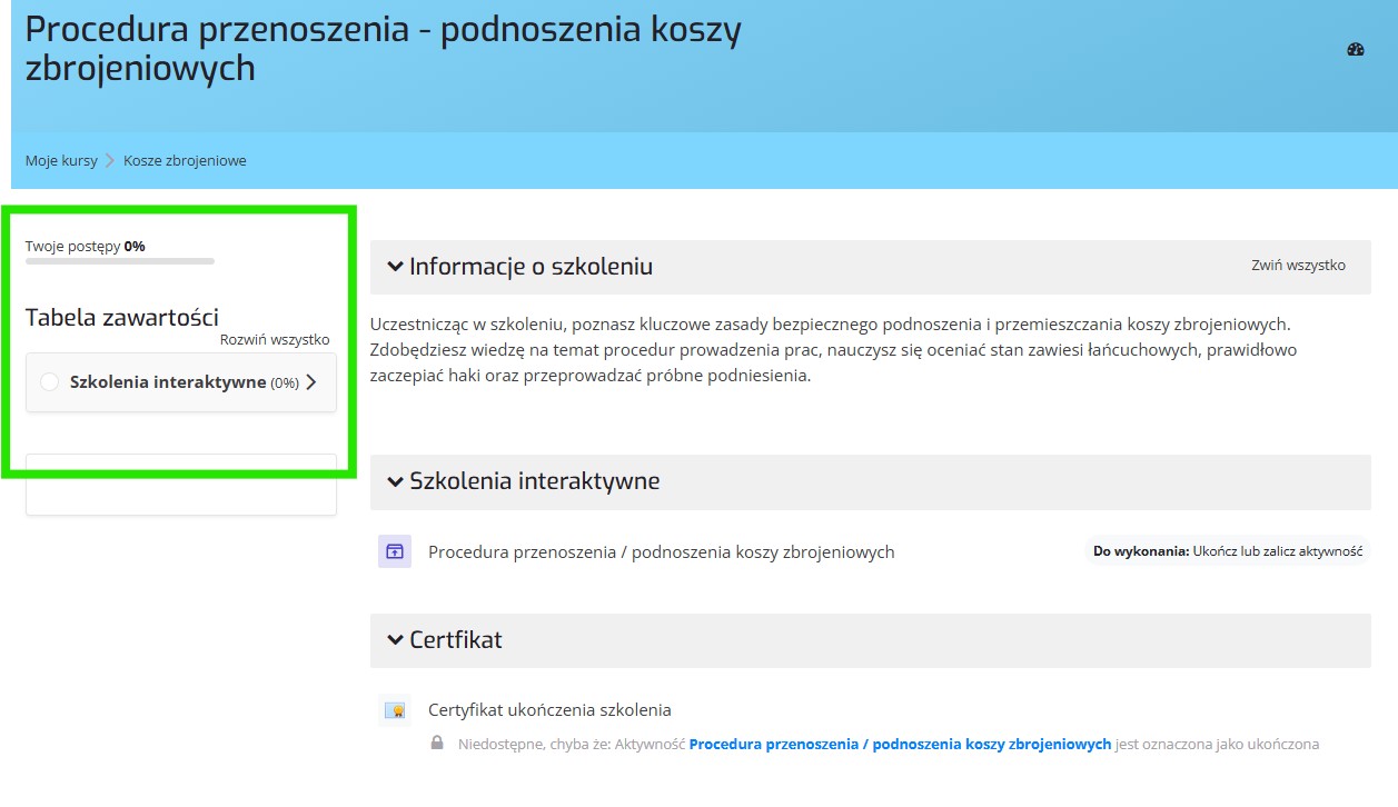 Postępy w aktywnościach w kursie.